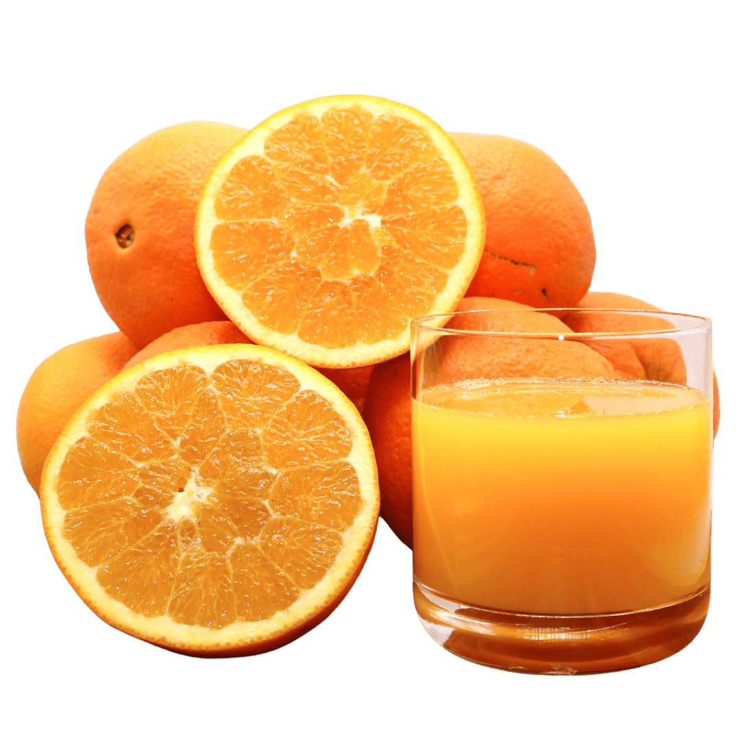 Fresh Algarve oranges 10 KG + 10% free, naturally grown without chemicals. Sweet and juicy citrus fruits with a glass of fresh orange juice.