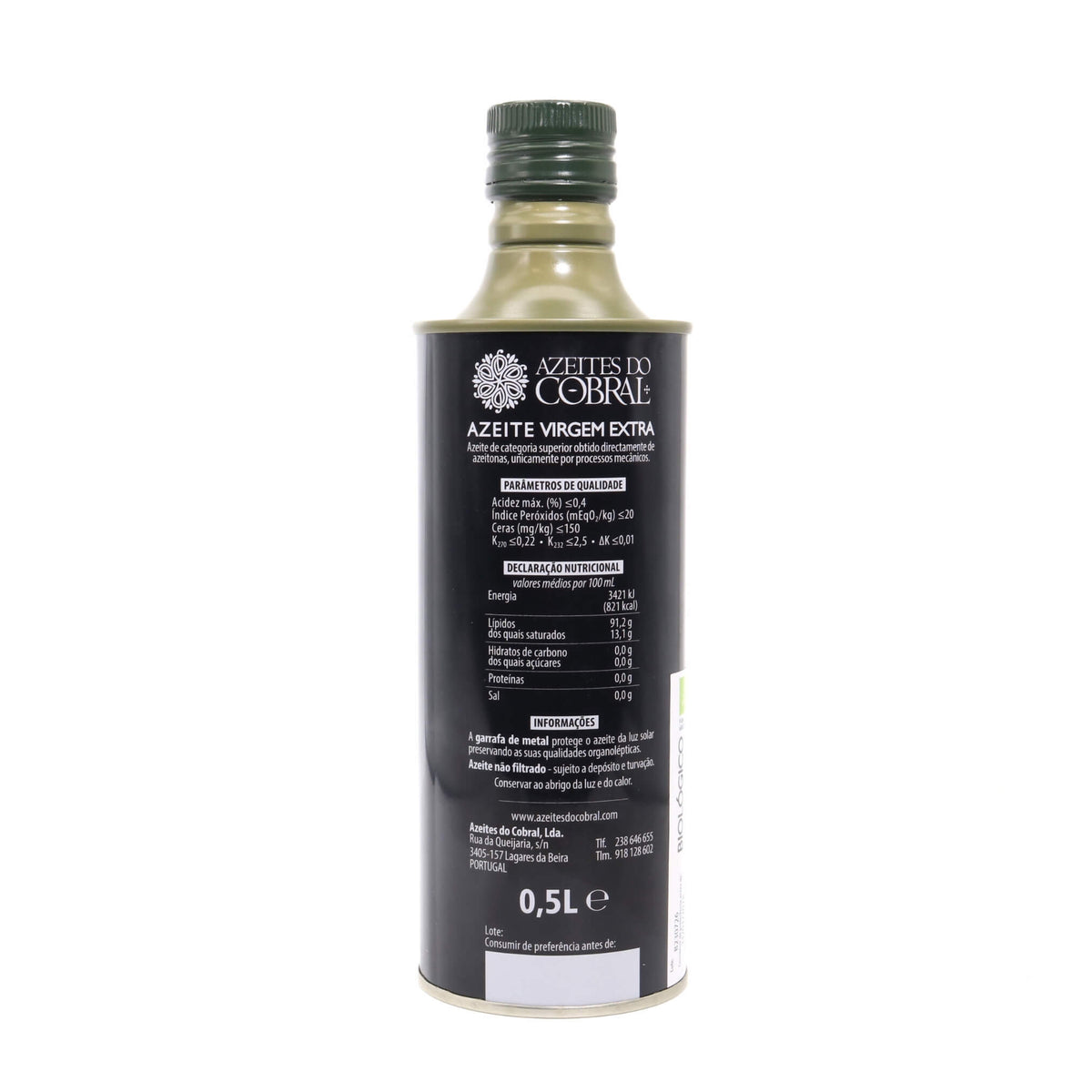 A 0.5L bottle of Azeite Virgem Extra (extra virgin olive oil) by Azeites do Cobral, featuring a black label with white text and a dark green cap, set against a plain white background.