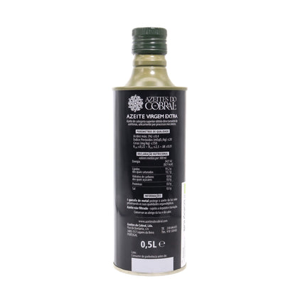 A 0.5L bottle of Azeite Virgem Extra (extra virgin olive oil) by Azeites do Cobral, featuring a black label with white text and a dark green cap, set against a plain white background.