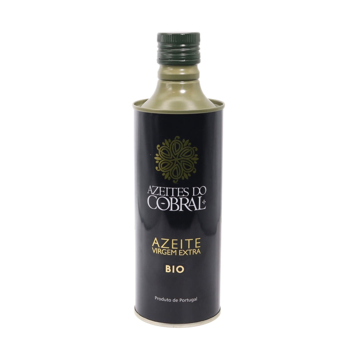 A bottle of Azetites do Cobral Azeite Virgem Extra Bio olive oil, featuring a black label with gold and white lettering and a dark green cap, set against a plain white background.