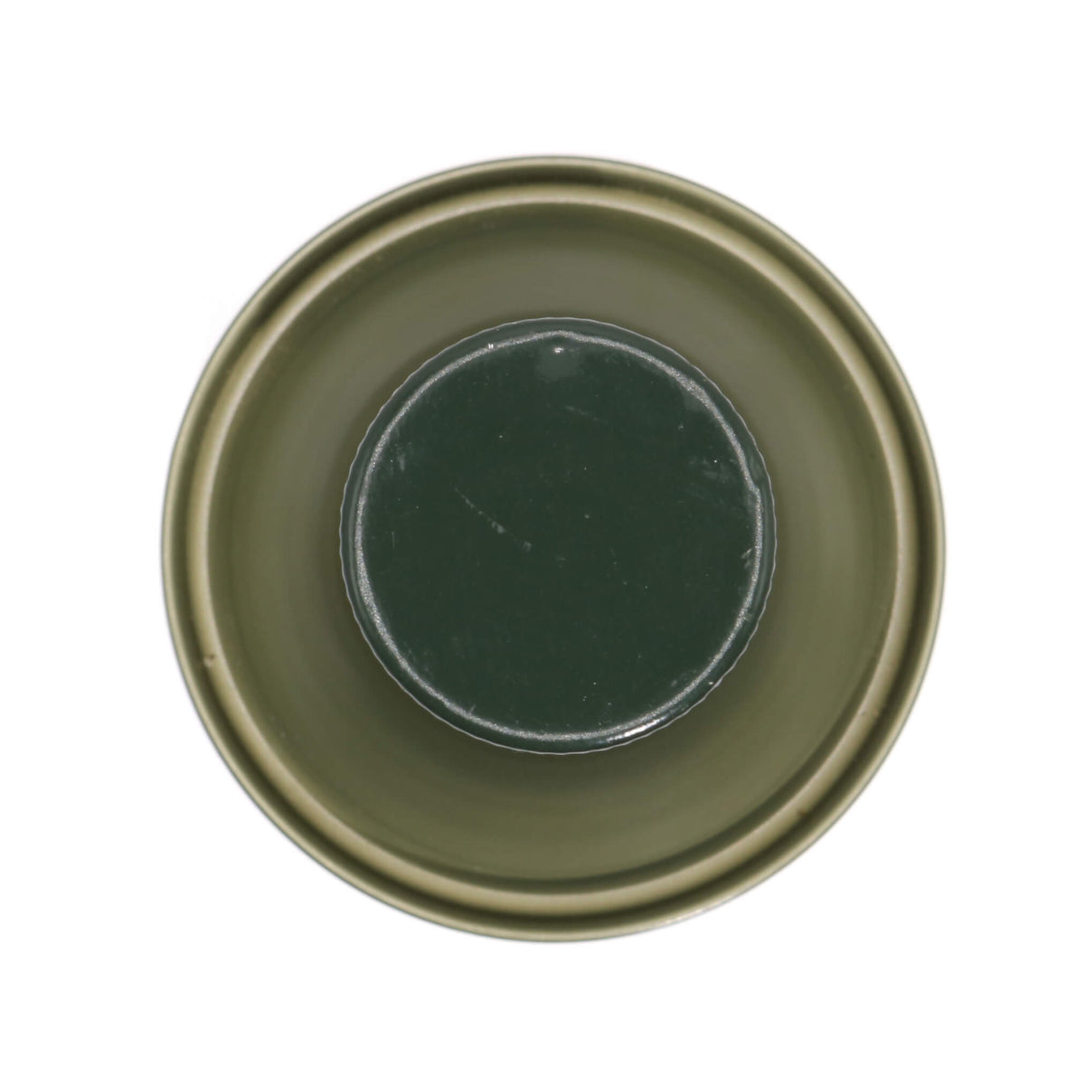 An overhead view of a round olive green container or lid with a darker green circular insert, shown on a plain white background.
