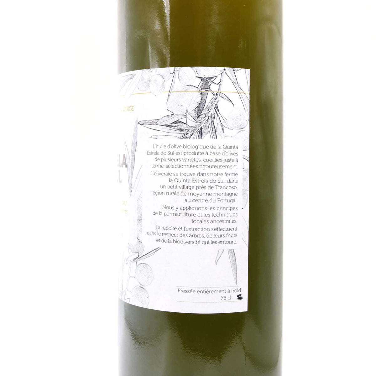 A dark green glass bottle of wine with a white paper label featuring black botanical illustrations and French text, set against a plain white background.