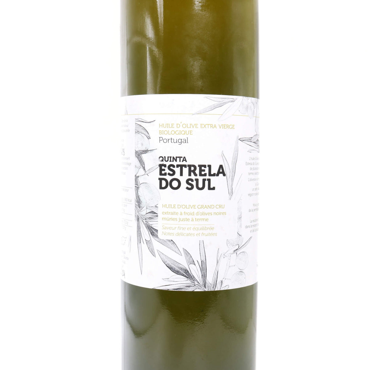 A bottle of Quinta Estrela do Sul extra virgin olive oil, showing the dark olive-green liquid inside a clear glass bottle with a white paper label featuring botanical illustrations.