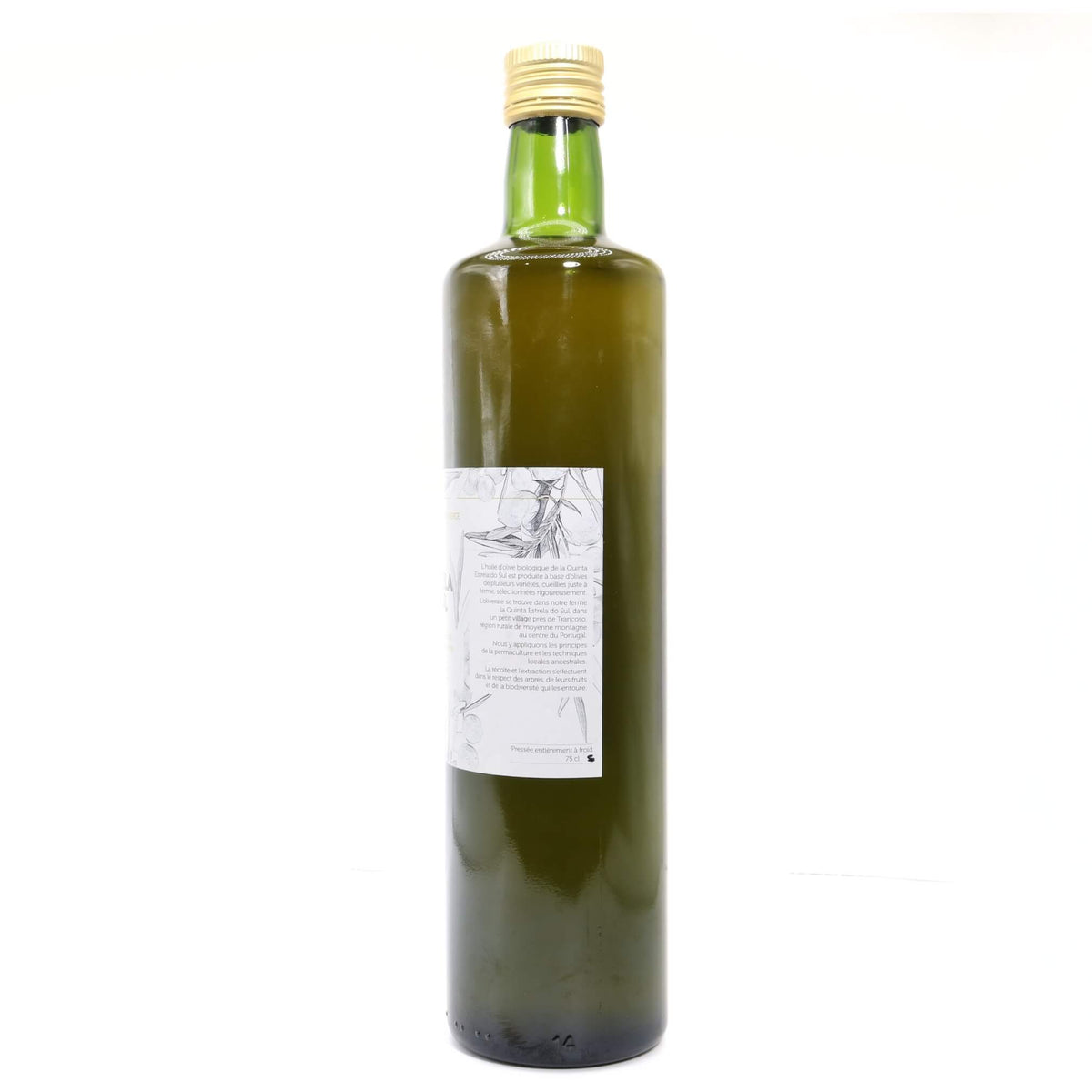 A tall, dark olive-green glass bottle filled with olive oil, featuring a white paper label with black text and illustrations, and a gold screw cap, photographed against a plain white background.