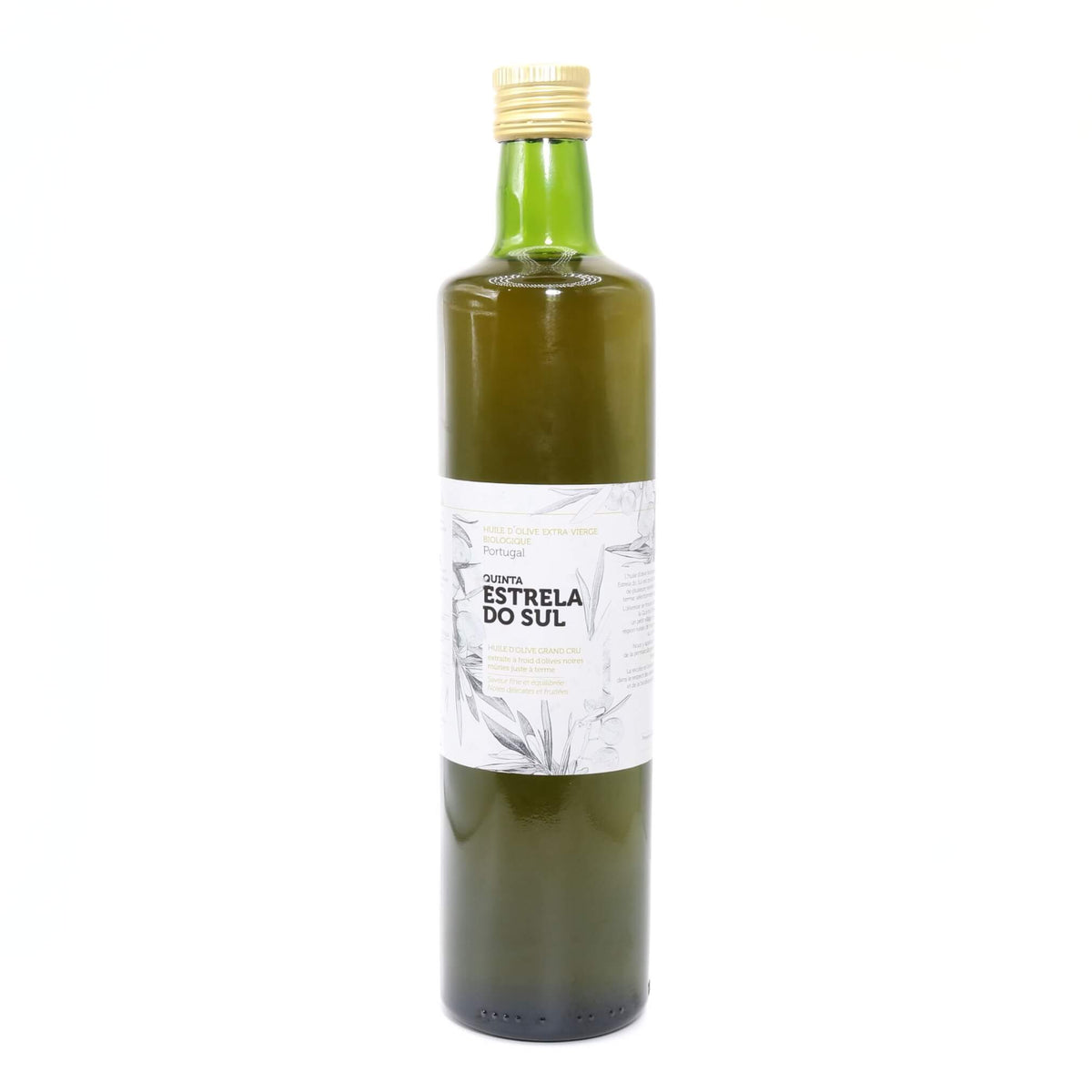A bottle of Quinta Estrela do Sul olive oil, featuring a dark green glass bottle with a white label and a gold screw cap, set against a plain white background.