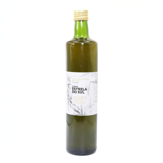 A bottle of Quinta Estrela do Sul olive oil, featuring a dark green glass bottle with a white label and a gold screw cap, set against a plain white background.