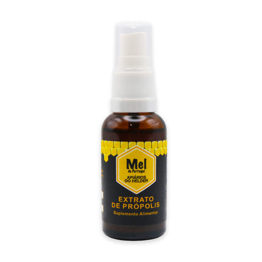 Bottle of propolis extract with a white cap on a white background