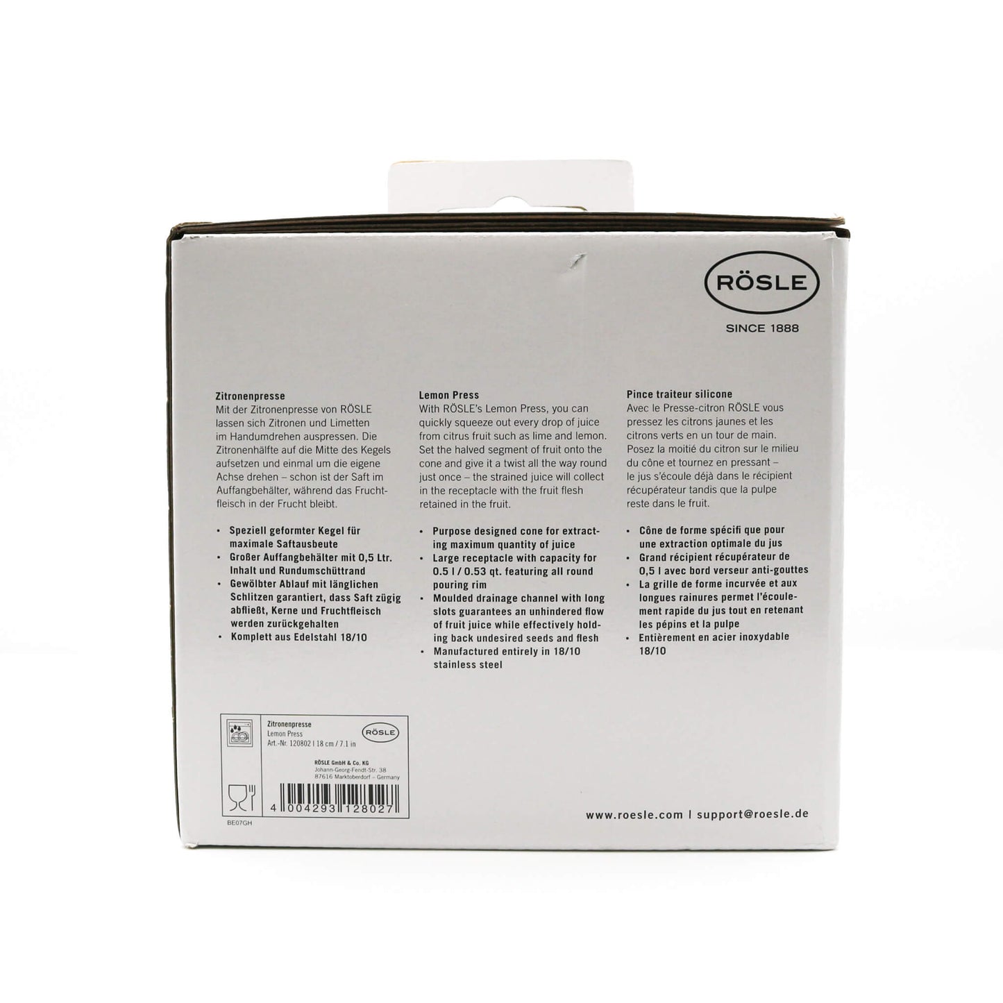Back of a Rösle lemon press packaging with text and branding.