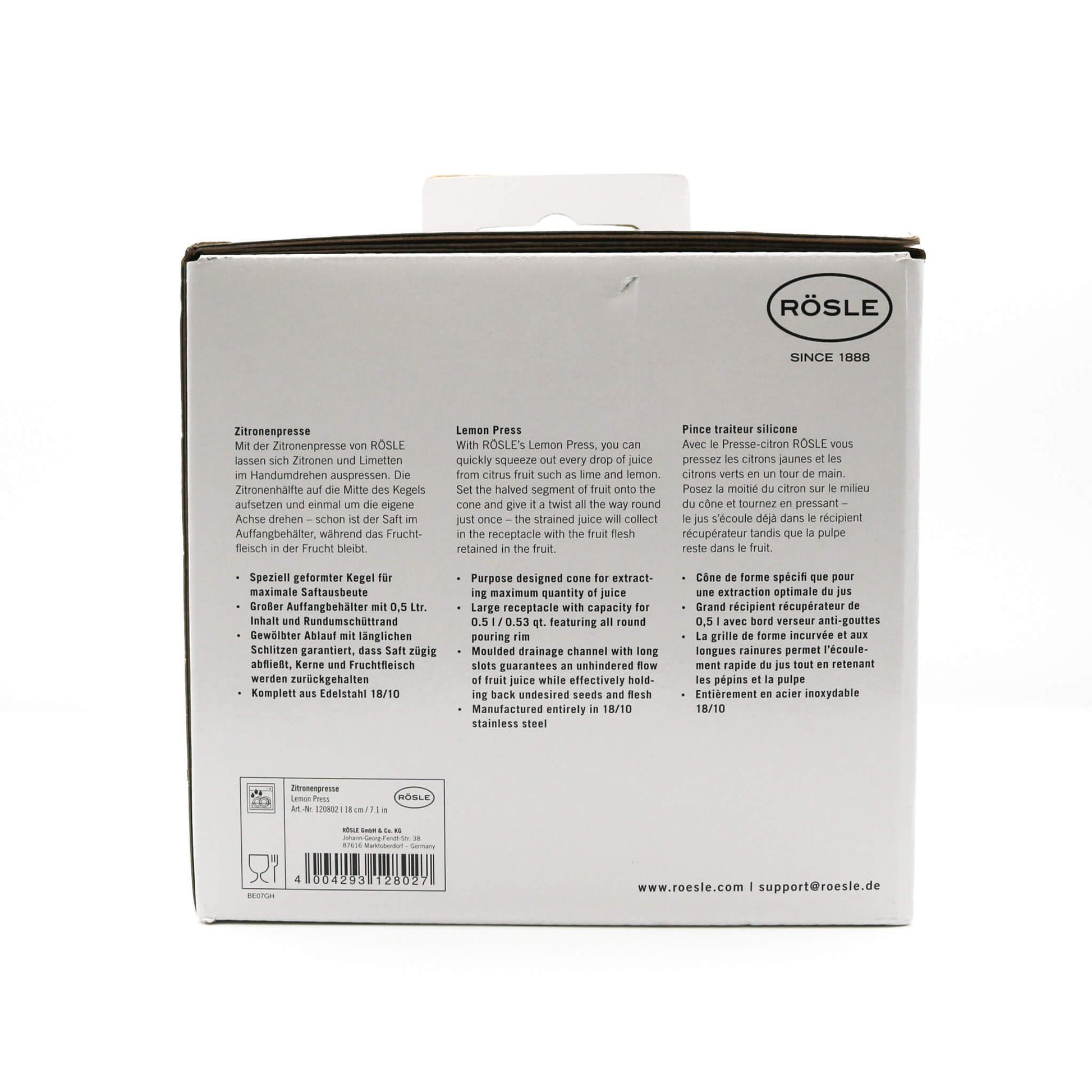 Back of a Rösle lemon press packaging with text and branding.