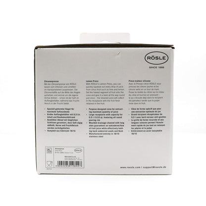 Back of a Rösle lemon press packaging with text and branding.