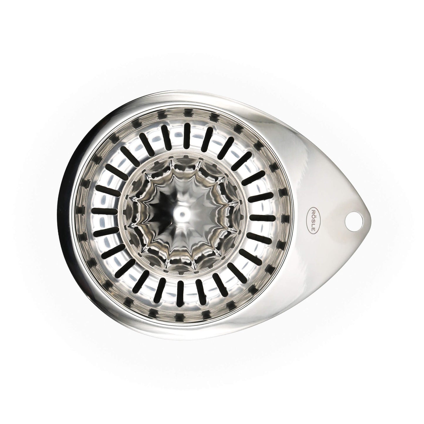 Stainless steel citrus press on a white background