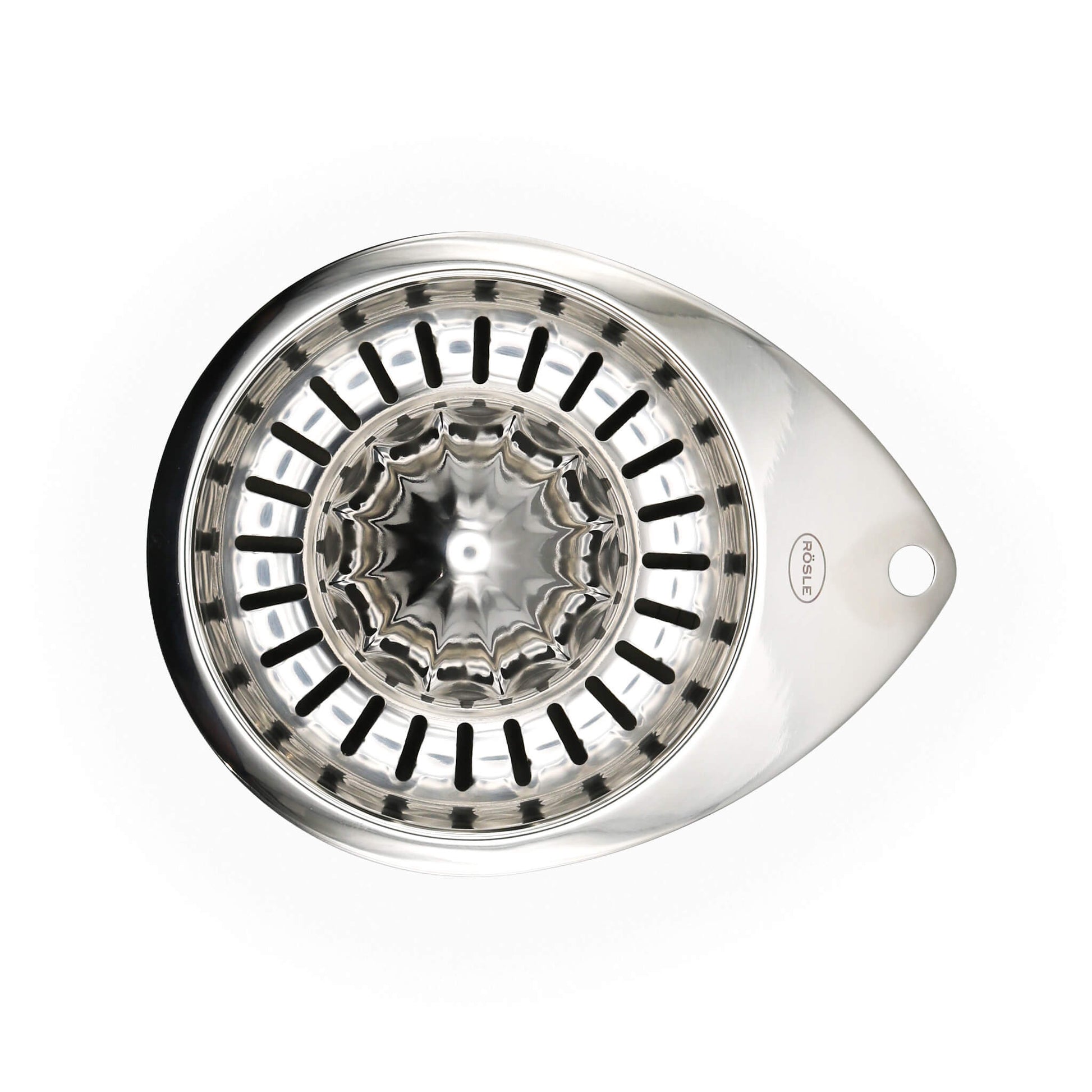 Stainless steel citrus press on a white background