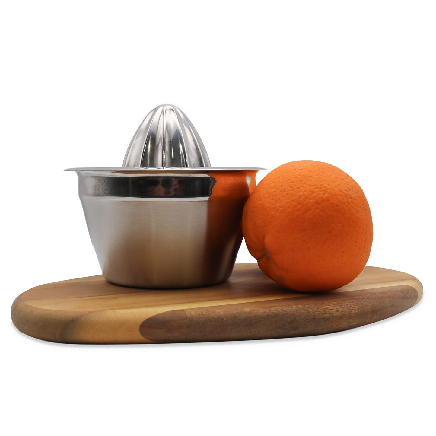 Stainless steel manual juicer with a whole orange on a wooden board against a white background