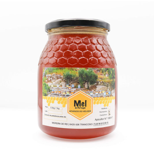 Jar of honey with a label on a white background