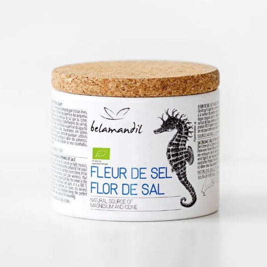 container of 'Fleur de Sel' with a cork lid on a white background