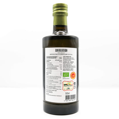 Bottle of Rosmaninho olive oil with a white label on a white background