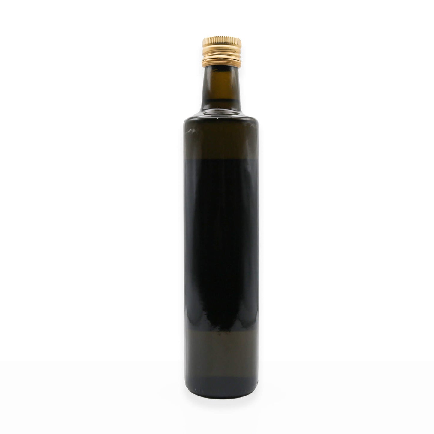 Dark glass bottle with a gold cap on a white background