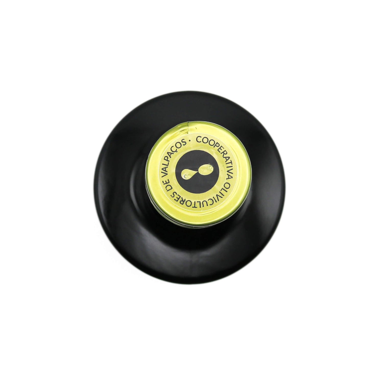 Black and yellow olive oil bottle cap on a white background