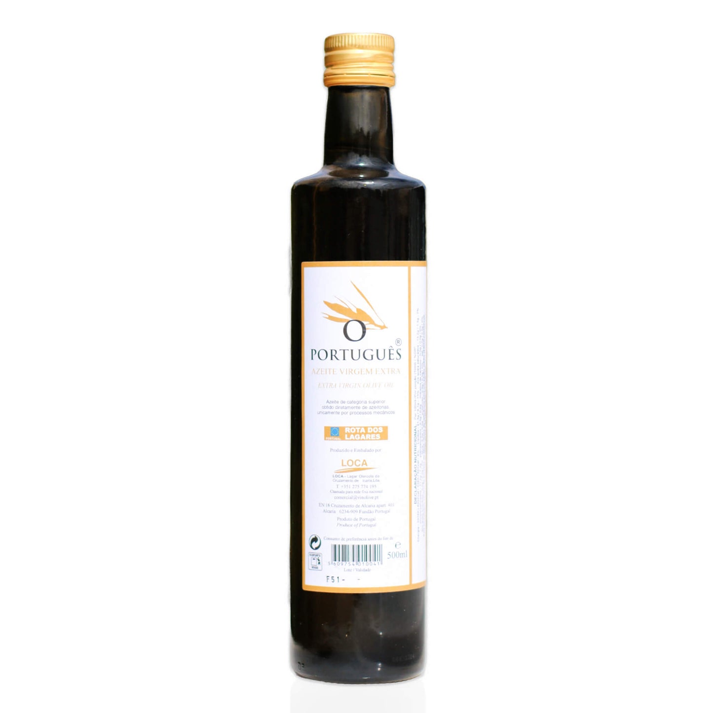 Bottle of Portugues olive oil on a white background