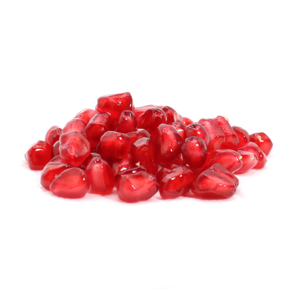 A small pile of glossy red pomegranate seeds on a plain white background.