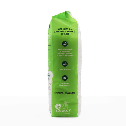 Green salt packaging with white text on a white background