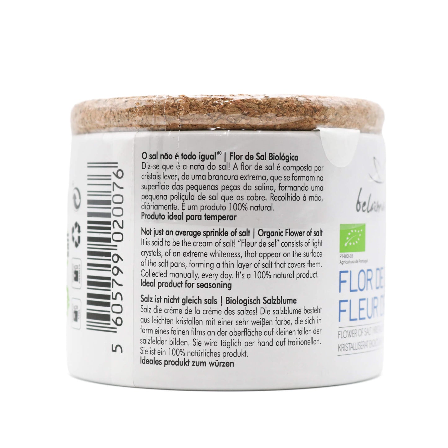 Back of a container with a label on a white background