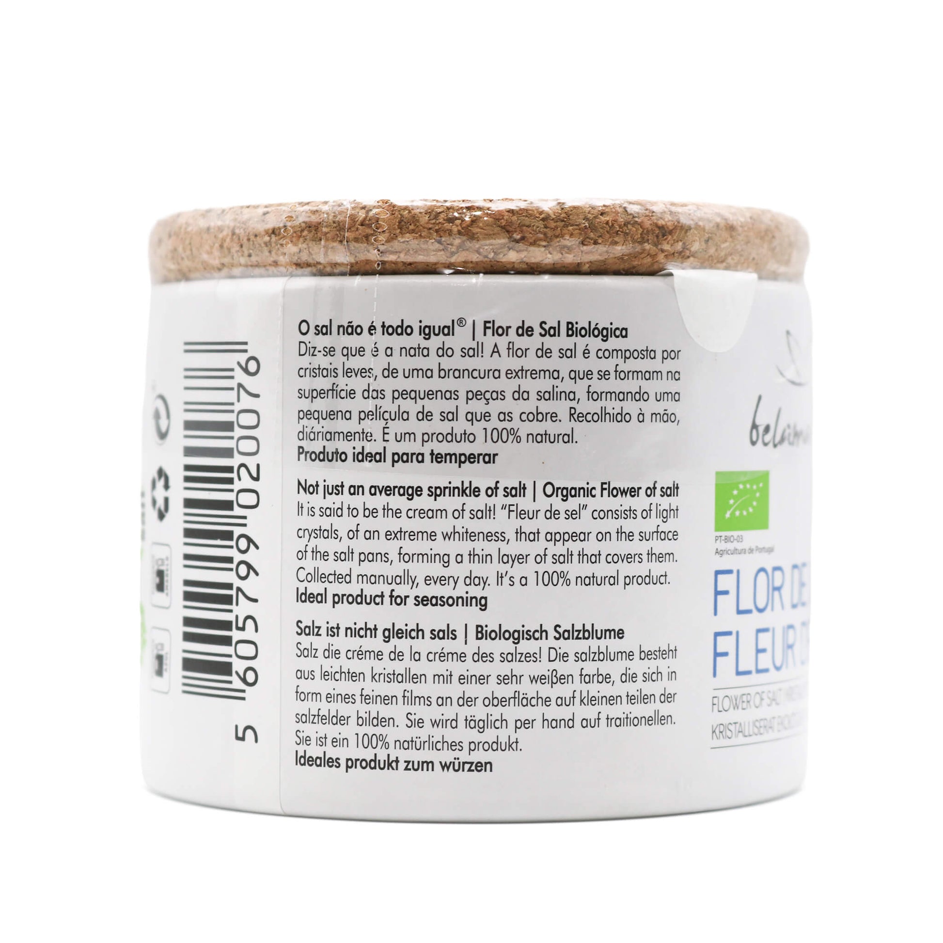 Back of a container with a label on a white background